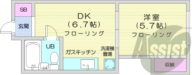 1DK、灯油FF暖房、室内洗濯機置き場、ガス給湯