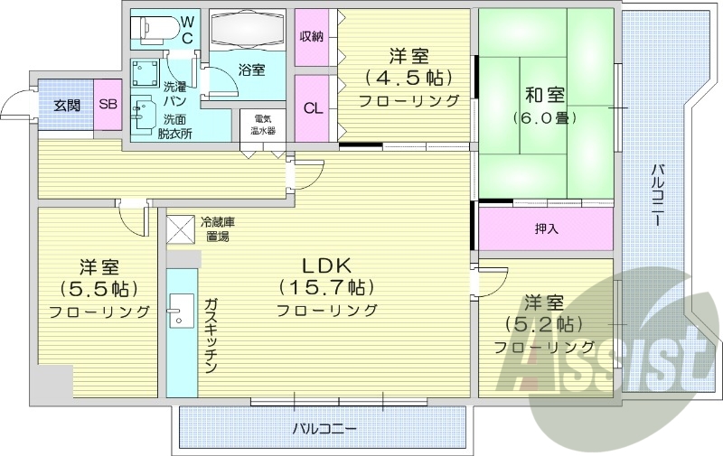 4LDK、都市ガス、TVモニターホン、分譲タイプ