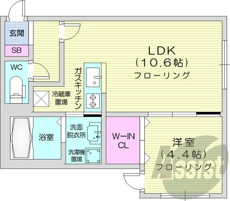 1LDK、角部屋、エアコン、オートロック、ネット使用料不要