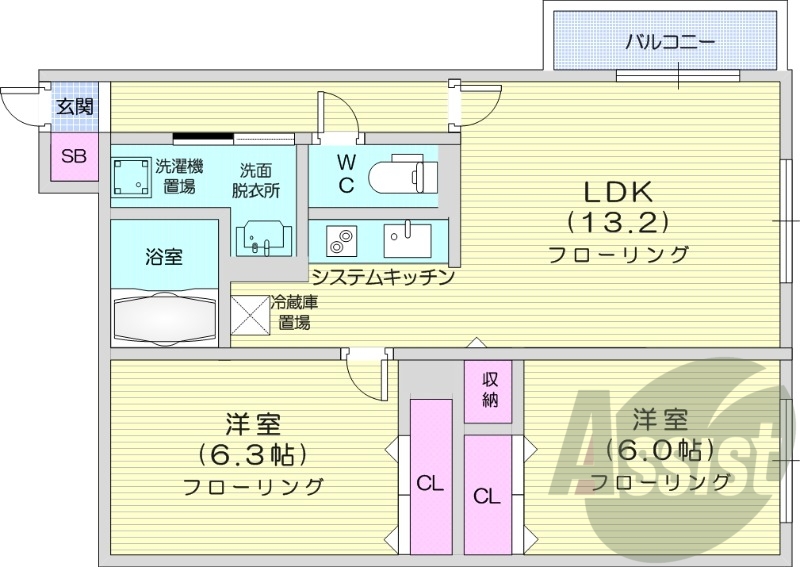 2LDK、エアコン、ネット無料、追い炊き、収納