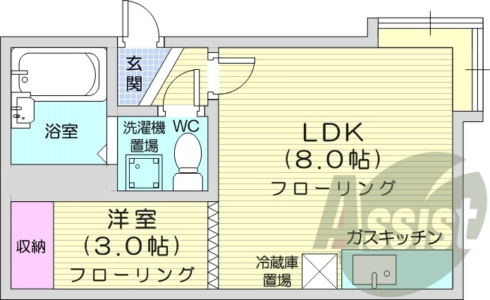 1LDK、バストイレ別、ガスFF暖房、室内洗濯機置場