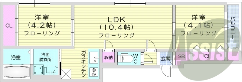 2LDK、シャワートイレ、エアコン、インターネット無料