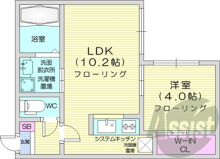 1LDK、エアコン、都市ガス、システムキッチン