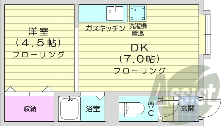 1DK、灯油暖房、バストイレ別、ガスキッチン