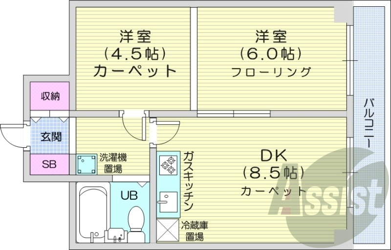 2DK、都市ガス、ガス暖房、エレベーター