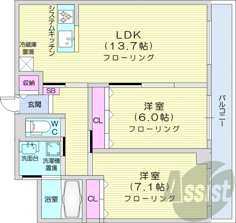2LDK、都市ガス、エコジョーズ、対面キッチン