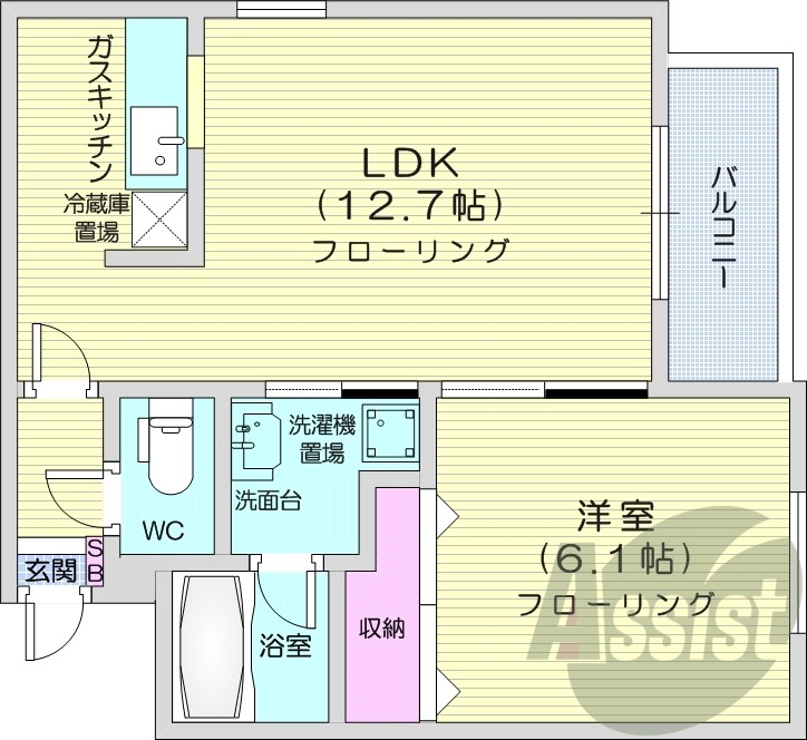 1LDK、灯油暖房、バルコニー、角部屋、カウンターキッチン