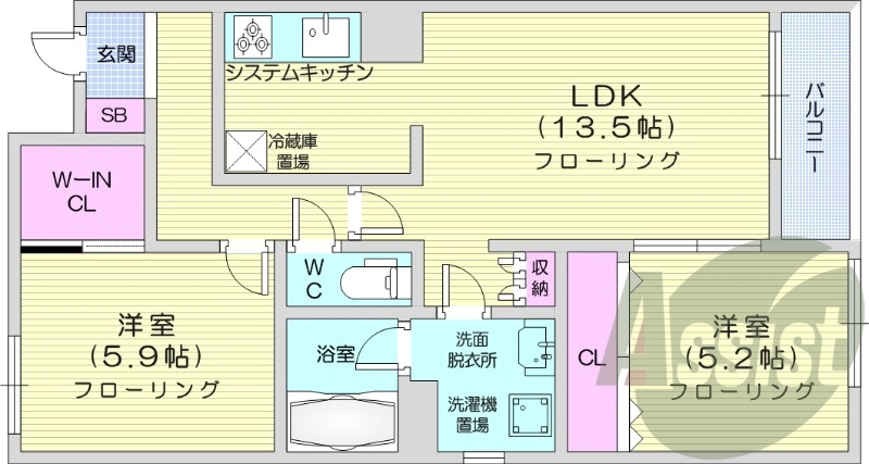 2LDK、都市ガス、ウォークインクローゼット、バルコニー