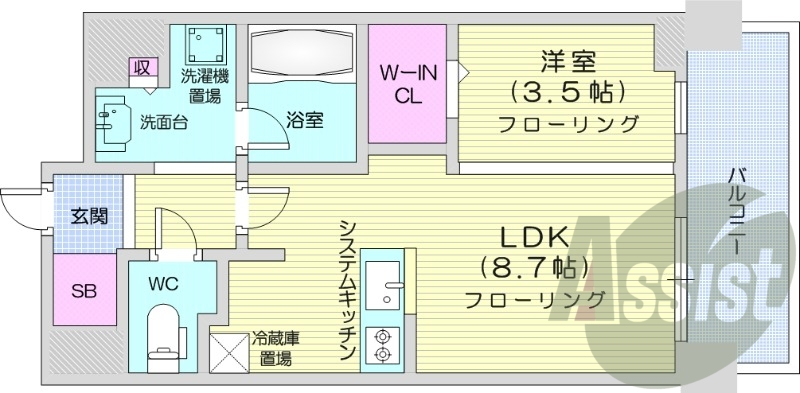 1LDK、分譲マンション、都市ガス、ウォークインクローゼット