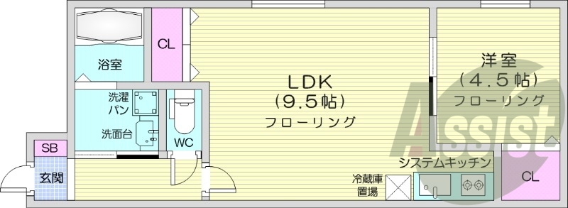 1LDK、バストイレ別、角部屋、浴室乾燥機付き