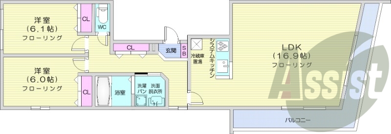 2LDK、システムキッチ、追い焚き