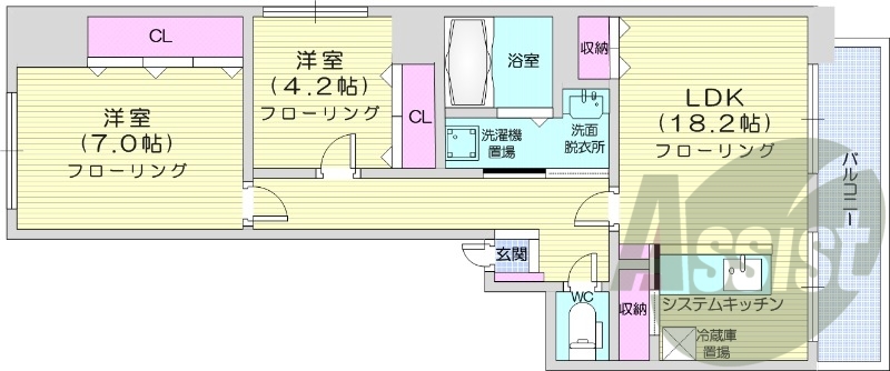2LDK、都市ガス、浴室乾燥機、インターネット使用料無料