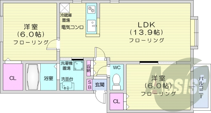 2LDK、オール電化、カウンターキッチン