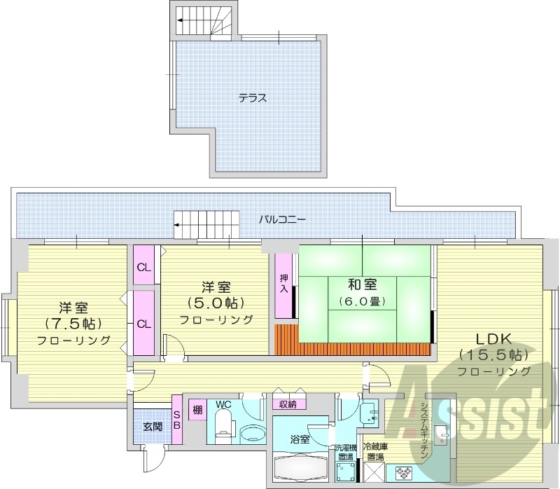 3LDK、システムキッチン、浴室乾燥機、バルコニー