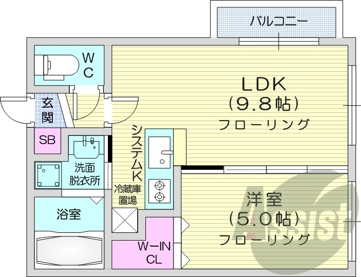 1LDK、システムキッチン、浴室乾燥機、エアコン