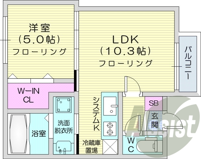 1LDK、システムキッチン、浴室乾燥機、エアコン