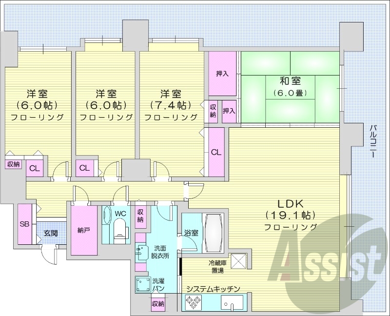 4LDK、都市ガス、分譲、エアコン、システムキッチン