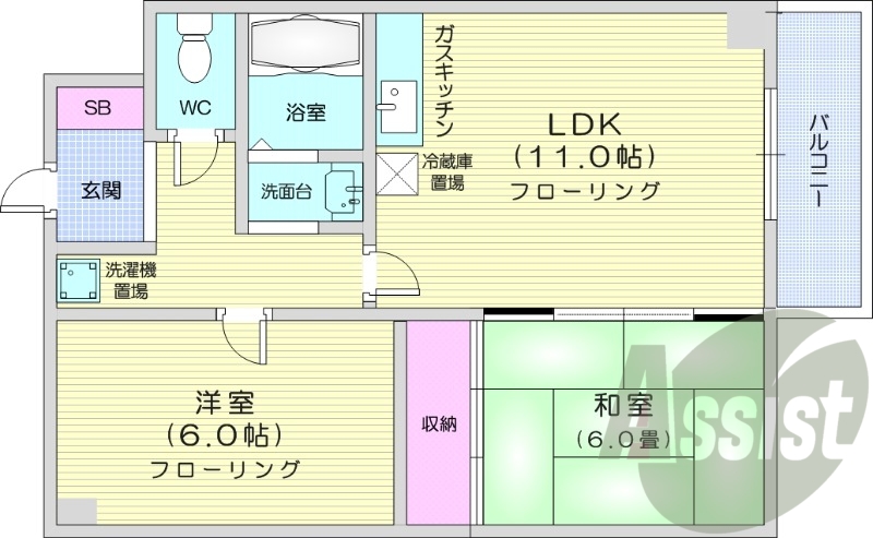 2LDK、角部屋、灯油暖房、バルコニー、エレベーター
