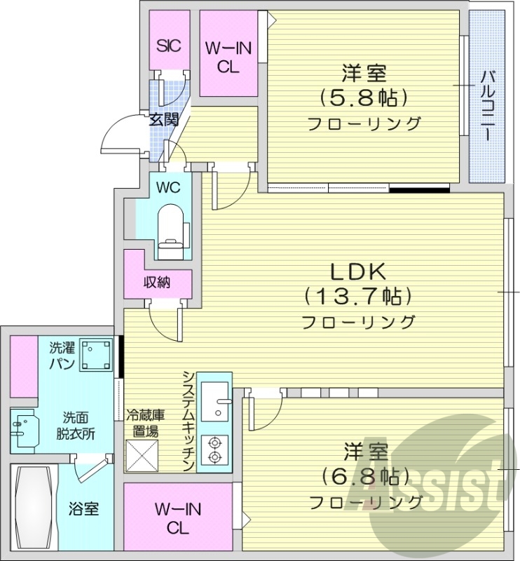 2LDK、都市ガス、エアコン、システムキッチン