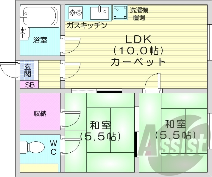 2LDK、都市ガス物件、洗面台、収納スペース