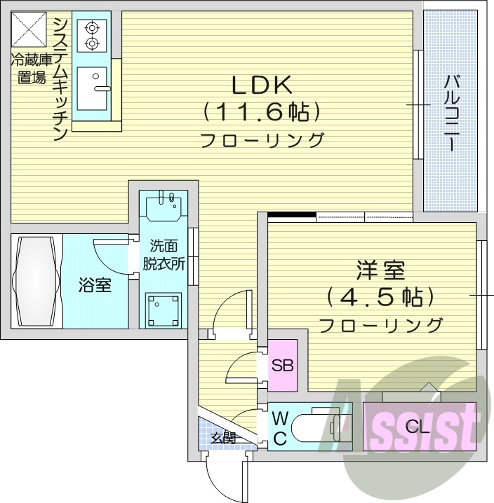 1LDK、独立洗面、都市ガス、対面キッチン