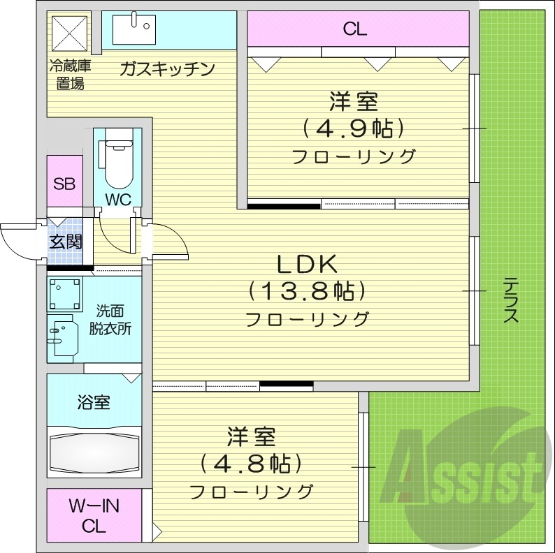 2LDK、角部屋、オートロック、ペット可、ネット無料
