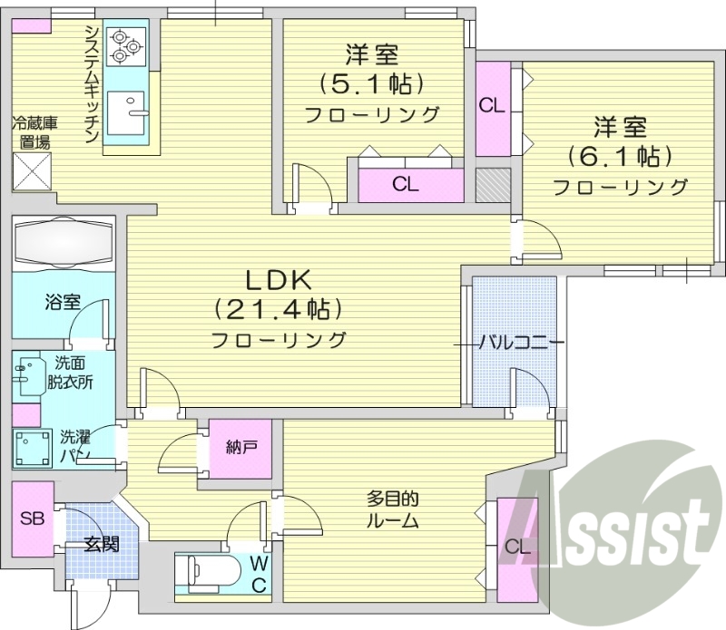 3LDK、都市ガス、エコジョーズ、エアコン、ネット無料