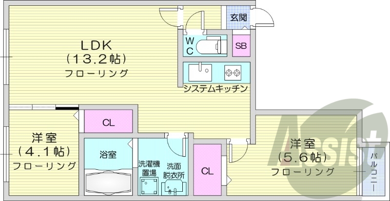 2LDK、都市ガス、24時間換気システム、光ファイバー