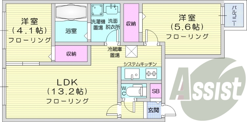 2LDK、都市ガス、24時間換気システム、光ファイバー
