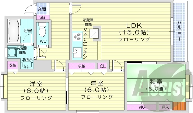 ３LDK、システムキッチン、クローゼット、押入、バルコニー