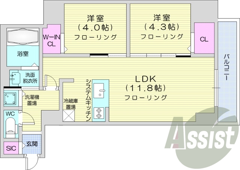 2LDK、都市ガス、システムキッチン、追い焚き