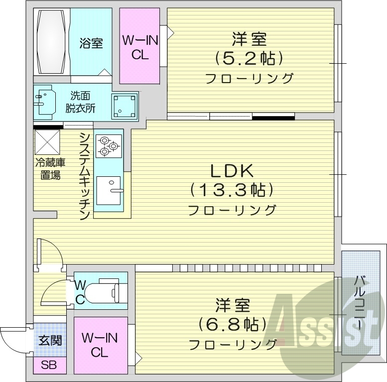 2LDK、都市ガス、ウォークインクローゼット、エアコン