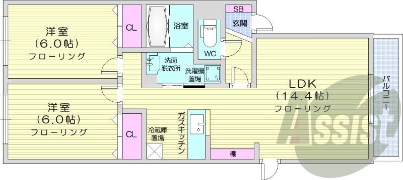 2LDK、ネット無料、TV付きモニターホン、灯油暖房