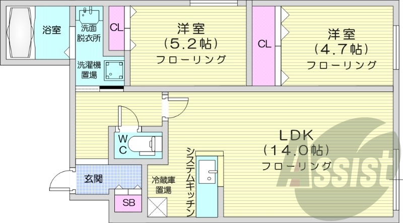 2LDK、ネット無料、エアコン、一坪バス、浴室乾燥機