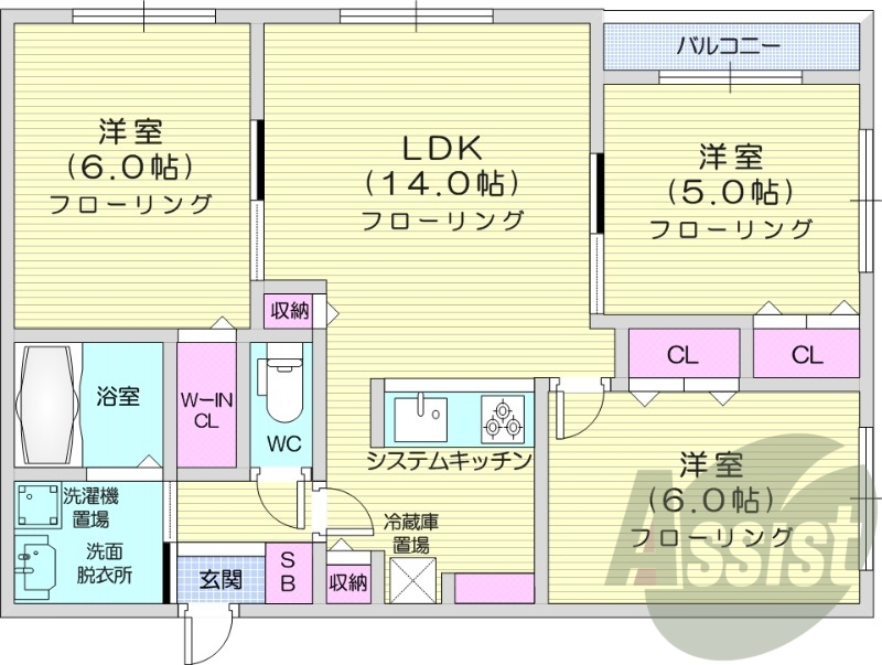 3LDK、エアコン、都市ガス、システムキッチン、バルコニー