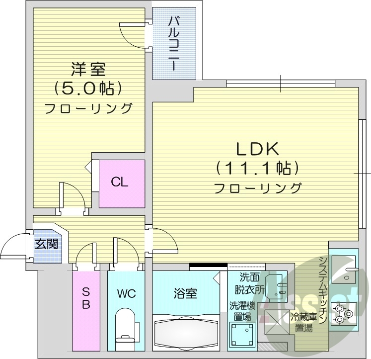 1LDK、浴室乾燥機、追い炊き、システムキッチン、