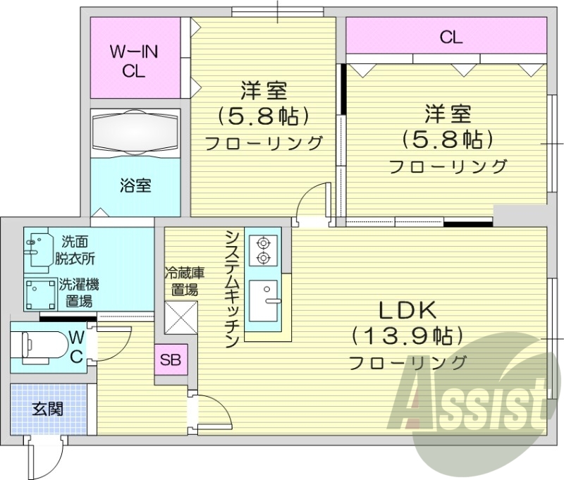 2LDK、都市ガス、システムキッチン、オートロック、