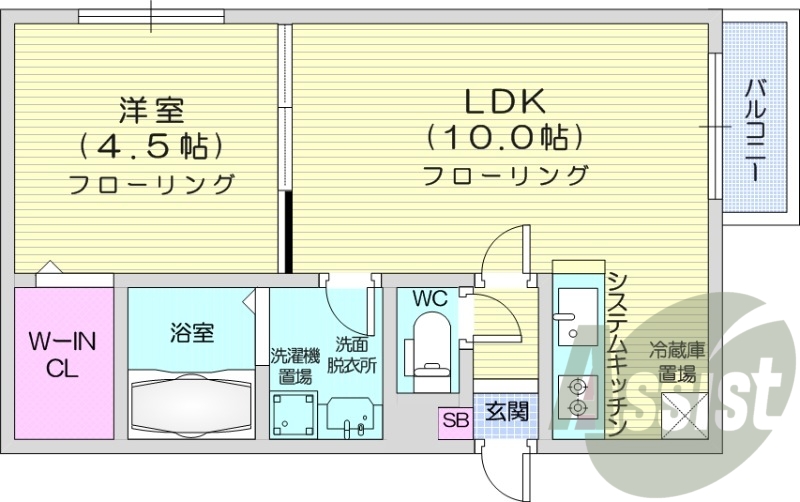 1LDK、都市ガス、ウォークインクローゼット、