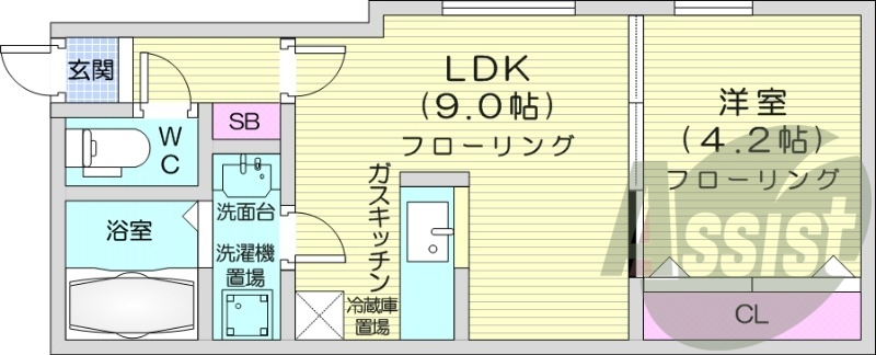 1LDK、灯油暖房、洗髪洗面化粧台、バストイレ別