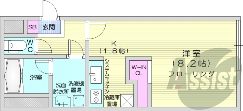 1K、都市ガス、オートロック、システムキッチン