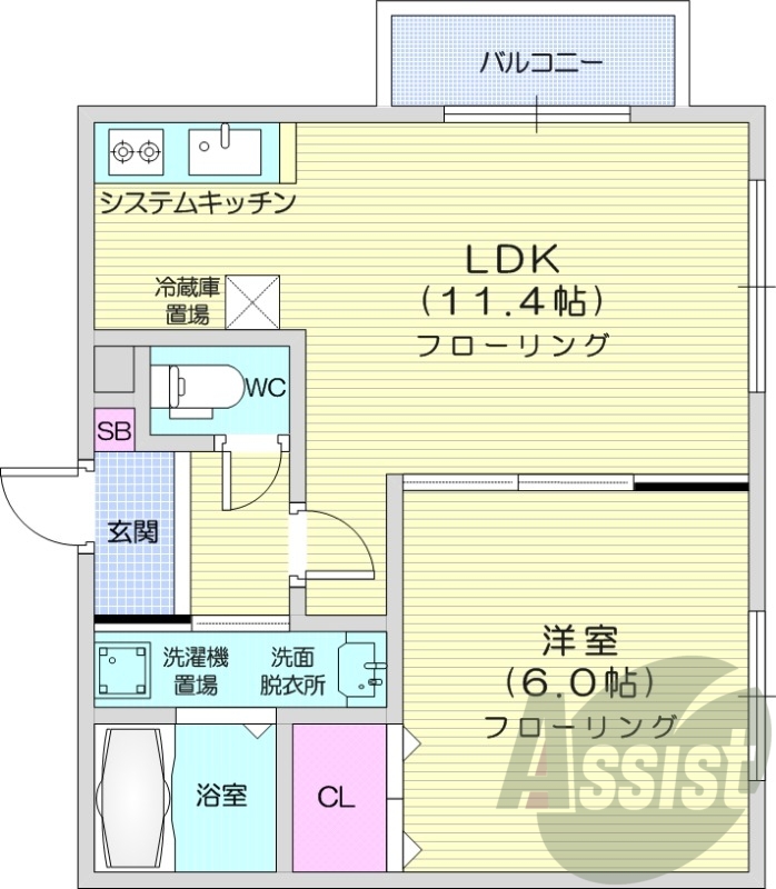 1LDK、エアコン、都市ガス、システムキッチン