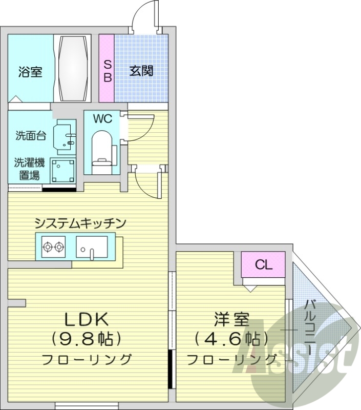 1LDK、浴室乾燥機、システムキッチン、エアコン