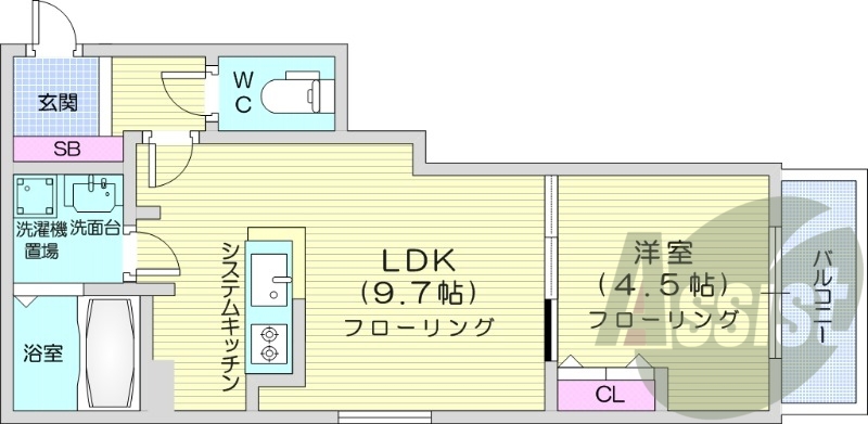 1LDK、浴室乾燥機、システムキッチン、エアコン