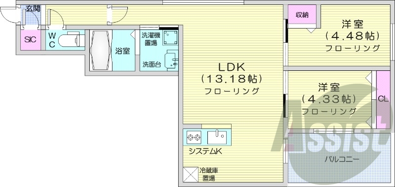 2LDK、エアコン、都市ガス、システムキッチン、独立洗面台