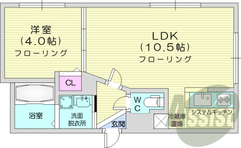1LDK、都市ガス、オートロック、浴室乾燥機