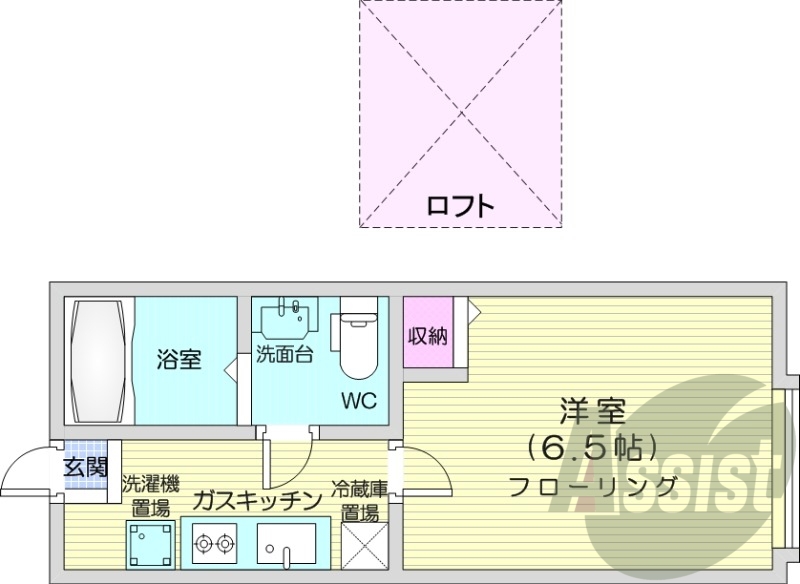 1K、ロフト付き、インターネット無料、収納、独立洗面台