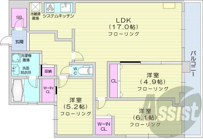 3LDK、角部屋、都市ガス、エアコン、追い炊き
