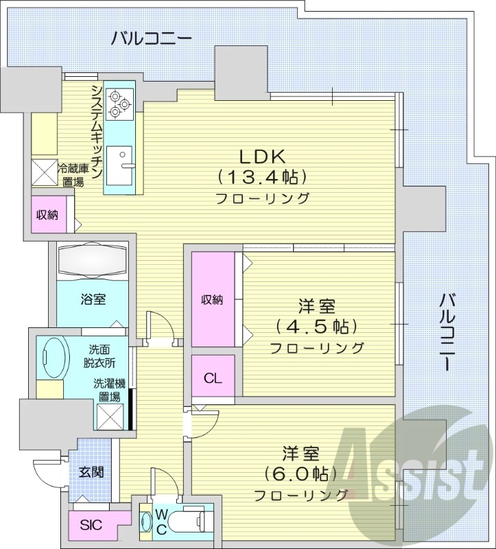 2LDK、都市ガス、追炊き、ディスポーザー、床暖房