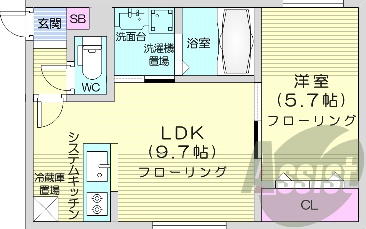 1LDK、都市ガス、エアコン、システムキッチン、浴室乾燥機