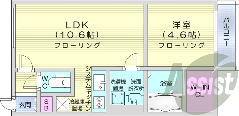 1LDK、エアコン、システムキッチン、追い焚き